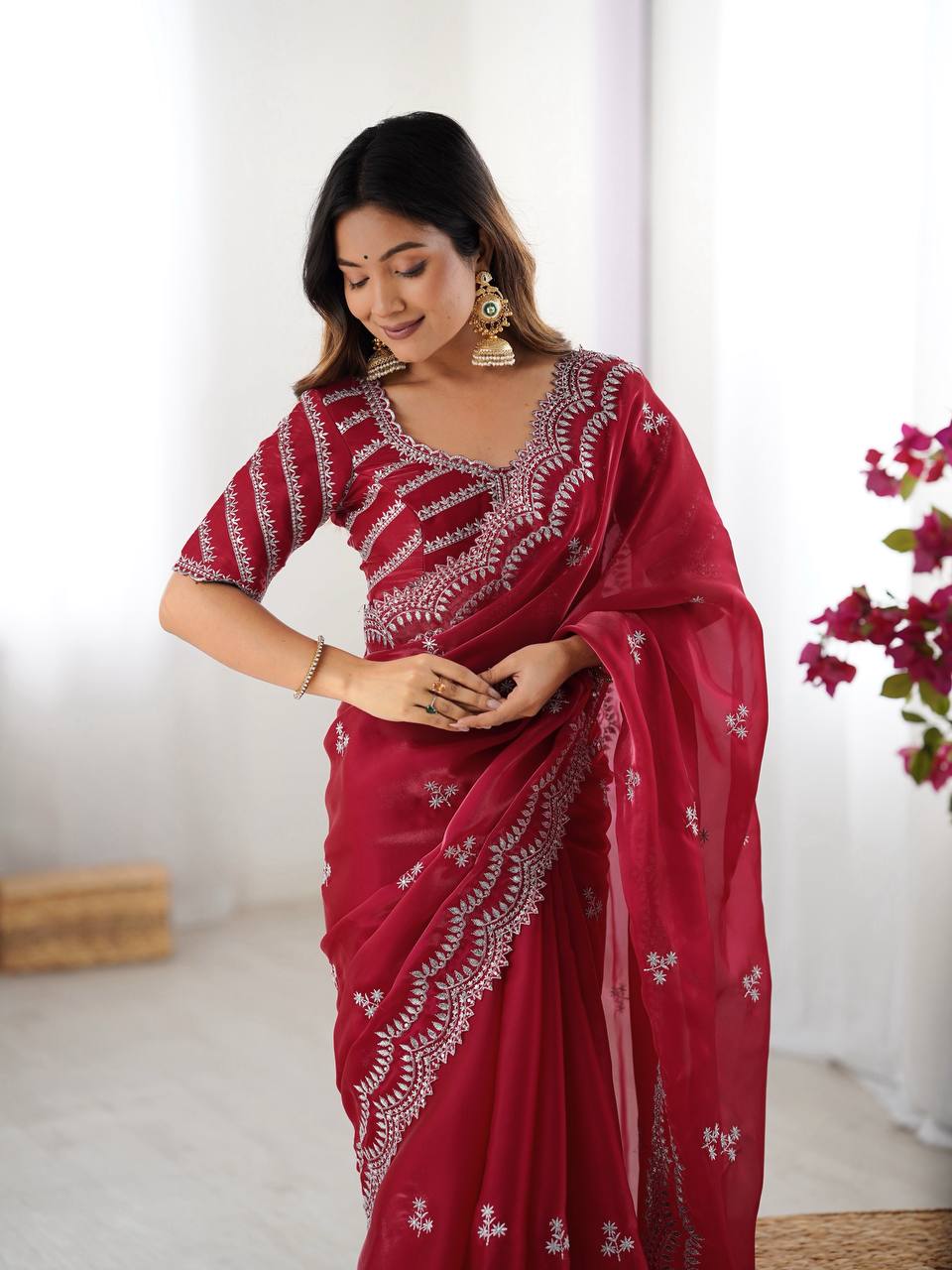 Women's Elegant Regal Purple Georgette Saree with Intricate Silver Thread & Sequin Embroidery – Complete with Embellished Blouse Piece for Festive & Party Wear - Image 22