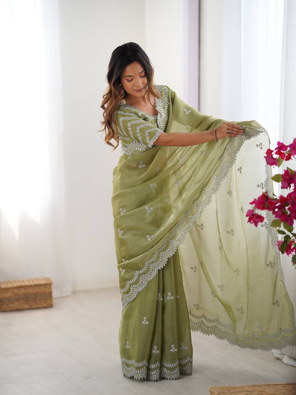 Women's Elegant Regal Purple Georgette Saree with Intricate Silver Thread & Sequin Embroidery – Complete with Embellished Blouse Piece for Festive & Party Wear - Image 19